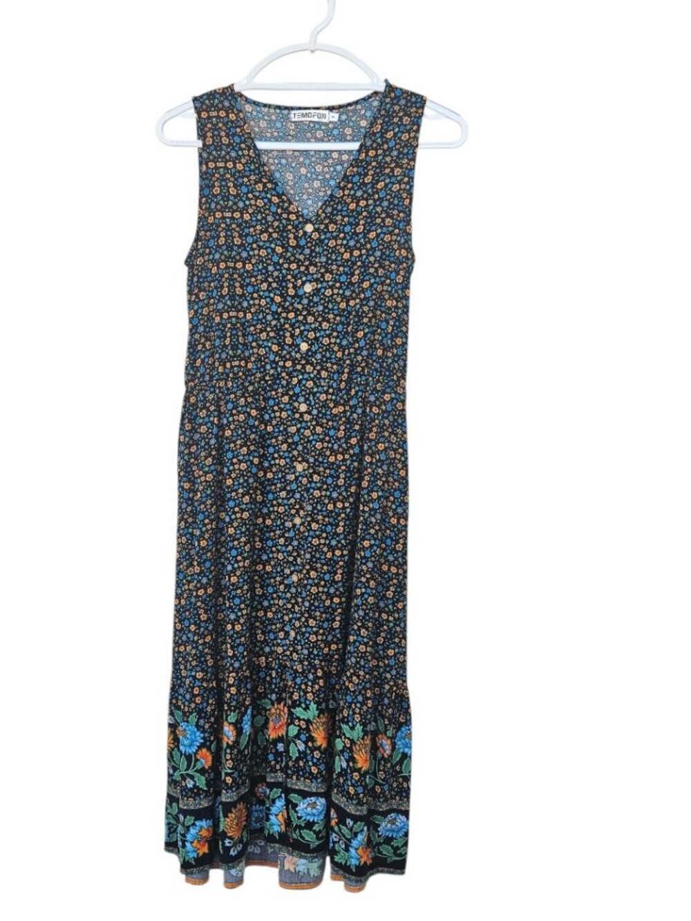 Temofon Summer Sundress side pockets V-Neck Sleeveless Small